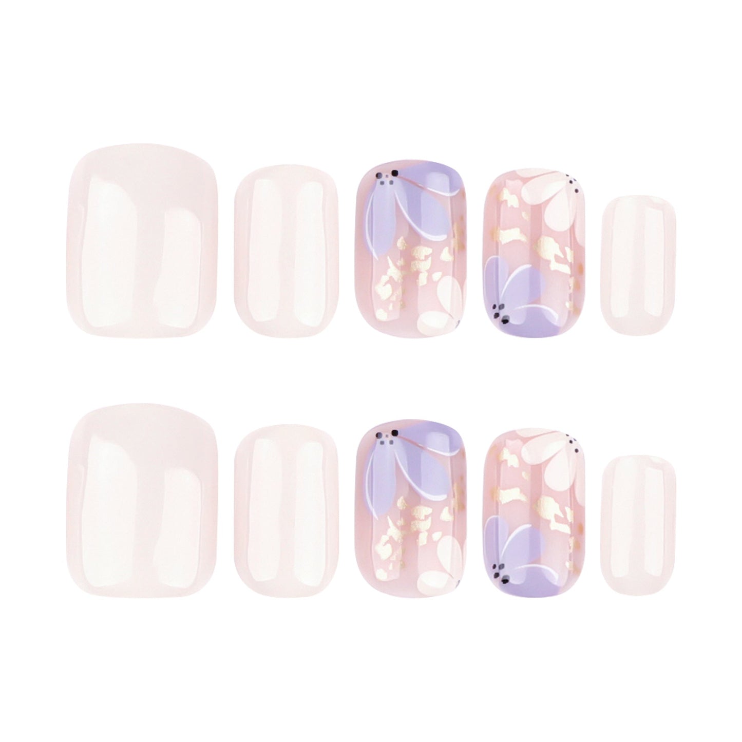 Floral Press-On Nails – Short Square Cream & Mauve with Gold Foil