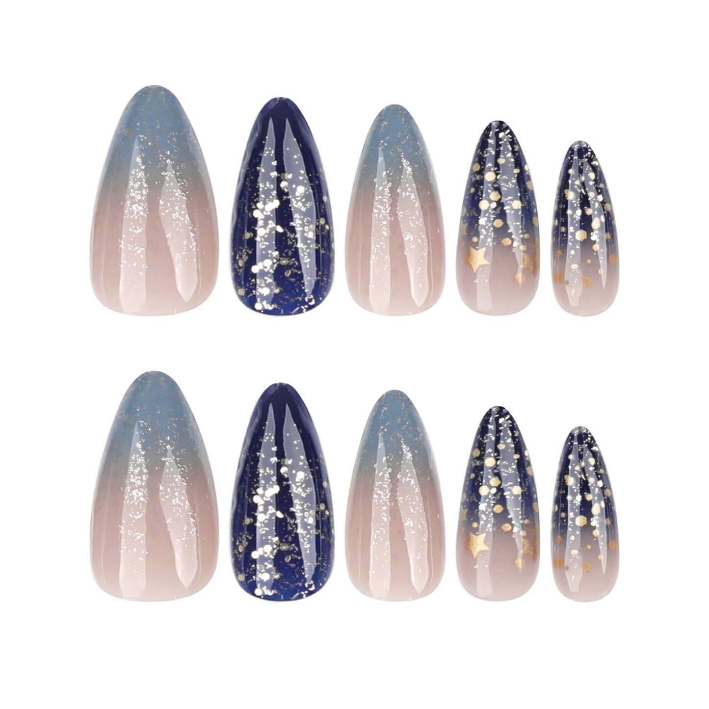 Celestial Stiletto Press-On Nails – Navy & Gold Gradient with Star Glitter, Long Glue-On Set
