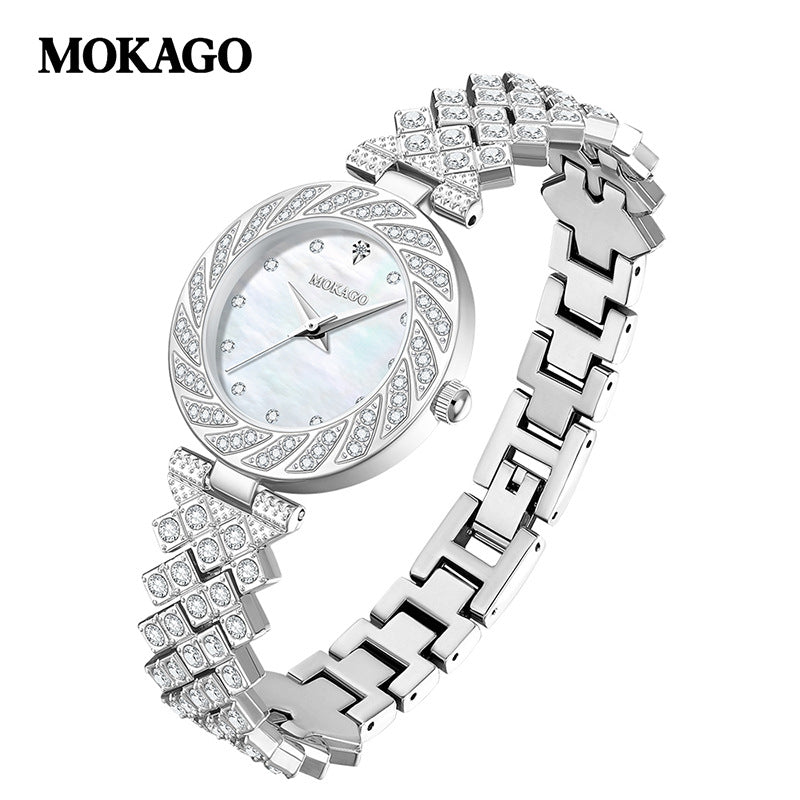 MOKAGO Women’s Diamond Quartz Watch – Elegant Round Mother-of-Pearl Dial Watch
