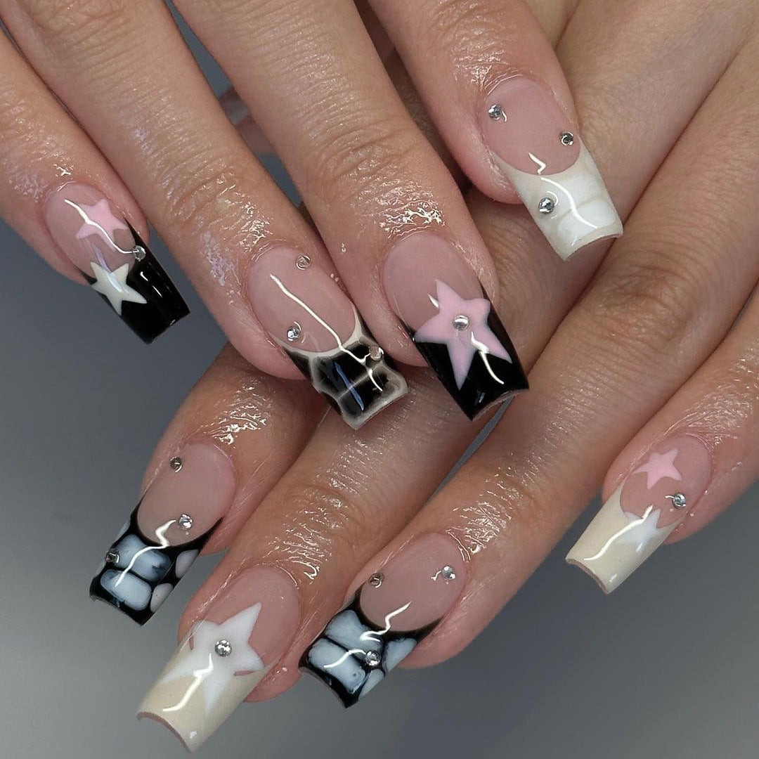 Black Coffin Press‑On Nails with Stars & Bows – Glossy Metallic Acrylic Tips