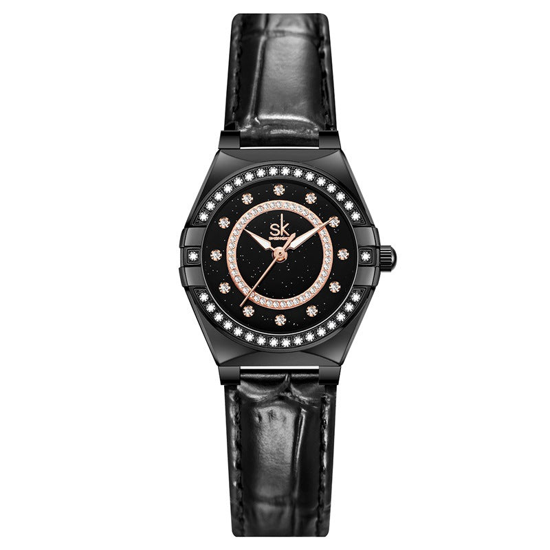 SK Women’s Diamond Quartz Watch – Starry Sky Dial, Leather & Milan Mesh Strap