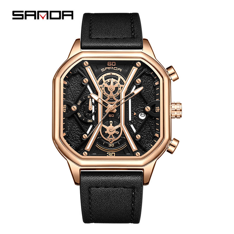 SANDA Men's Retro Square Quartz Watch – Waterproof Luminous Calendar Leather Strap