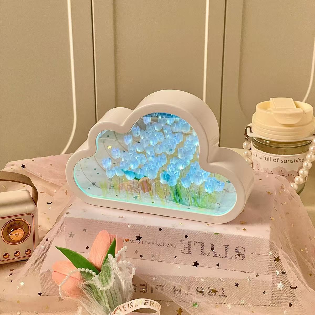 DIY Cloud Tulip Night Light – Handmade Nordic-Style Floral Mirror Lamp with Built-In Battery