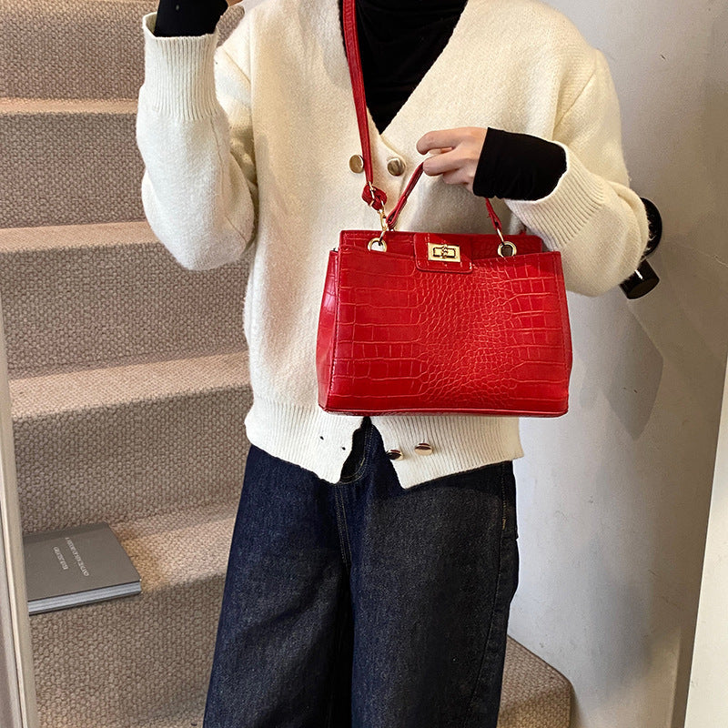 Retro PU Bucket Handbag for Women – Croc Texture Crossbody Shoulder Bag
