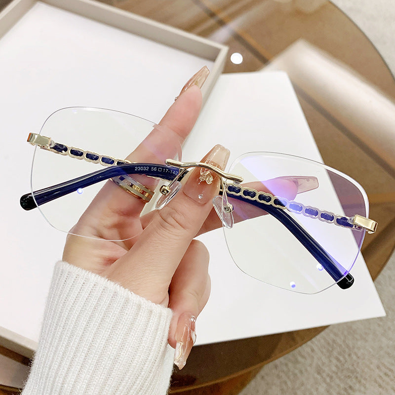 Women's Anti-Blue Light Square Glasses – Frameless Fashion Eyewear with Chain Detail