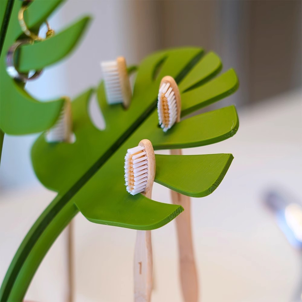 Bamboo Leaf Bathroom Organizer with Mirror Finish – Wall-Mounted Toothbrush Holder & Storage Rack