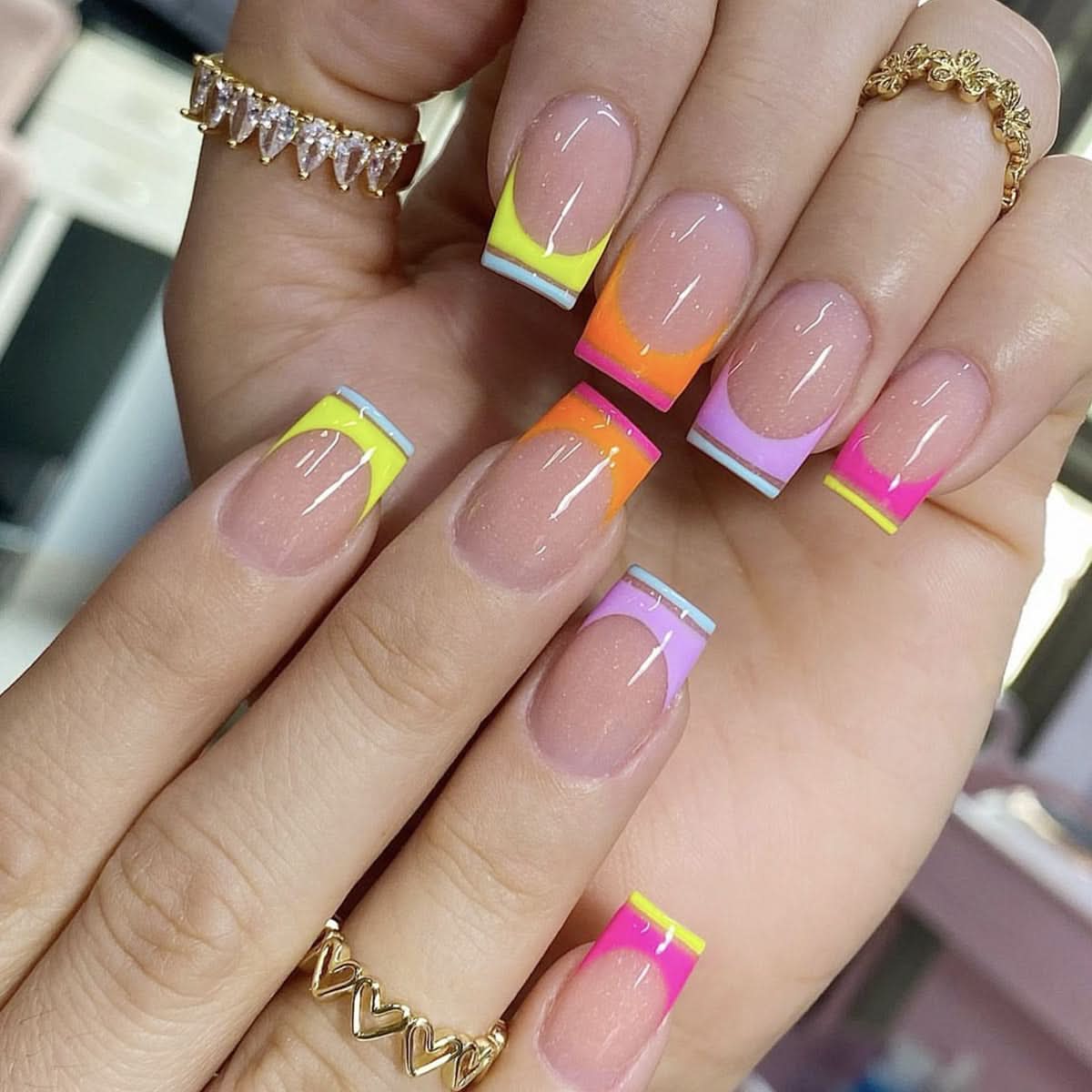 Rainbow French Colorful Tip Press-On Nails – Short Square Fake Nails