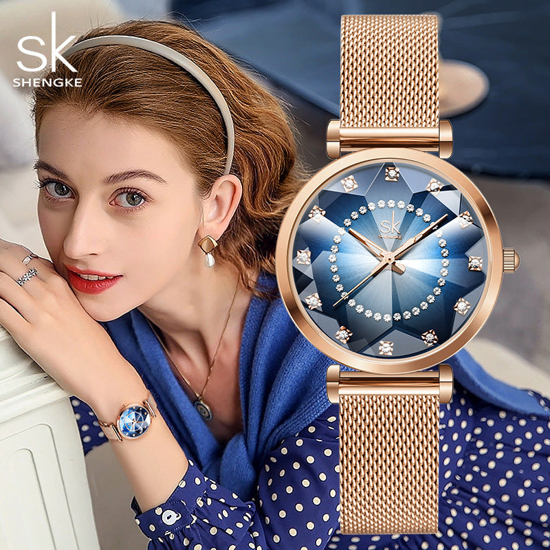 SK Women’s Quartz Watch – Round Dial, Stainless Steel Mesh Strap, Waterproof Fashion Wristwatch