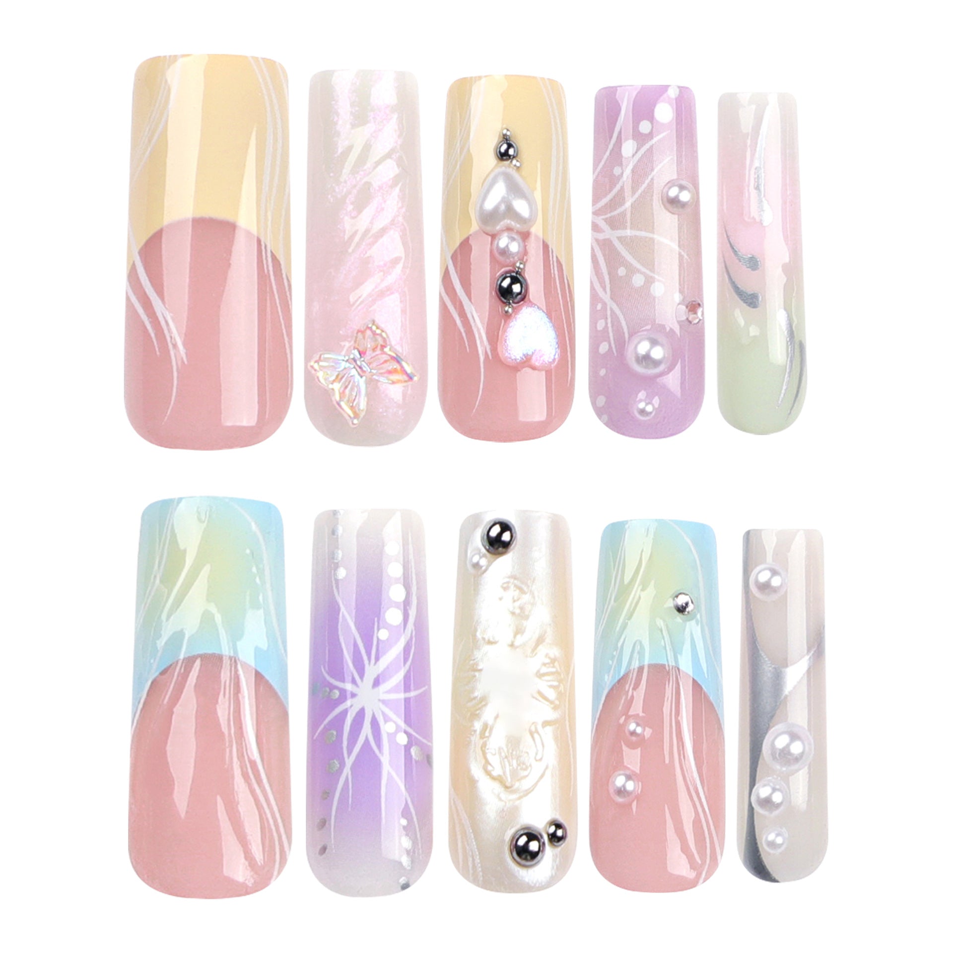 3D Multicolor Coffin Press-On Nails – Long Glossy Gradient with Floral & Pearl Accents