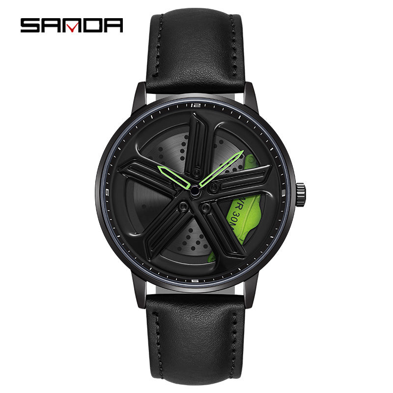 Sanda Men’s Leather Quartz Watch – 360° Rotating Dial, Waterproof Casual Wristwatch