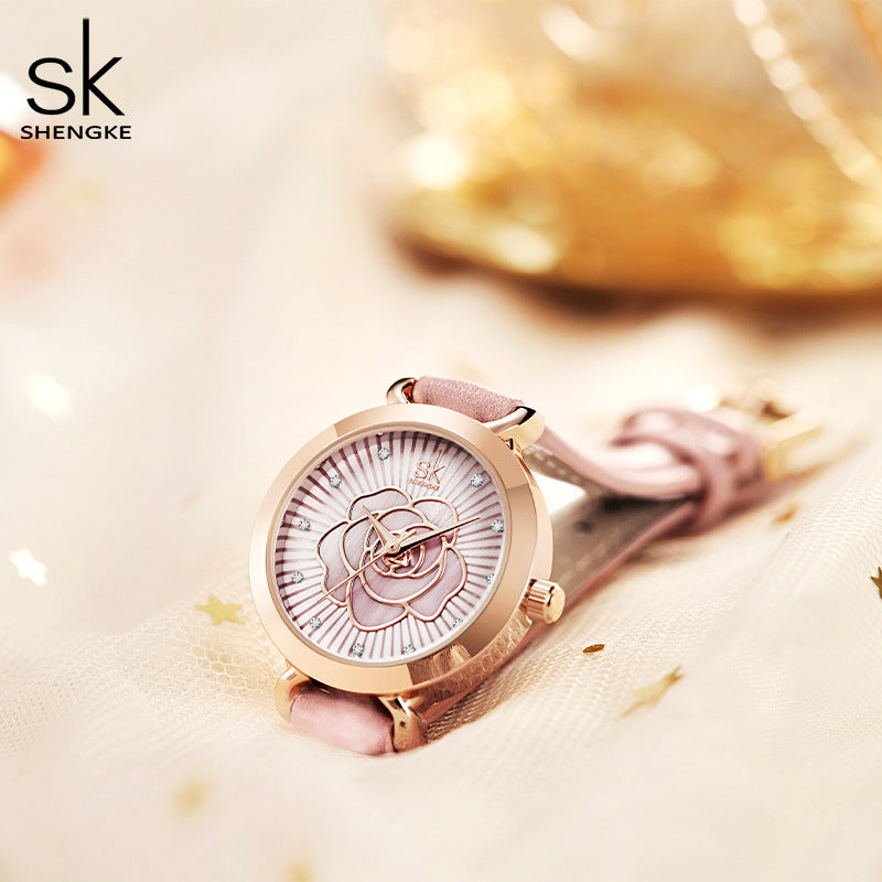 SK Women’s Fashion Quartz Watch – Waterproof Rose Leather Strap, Elegant Round Dial