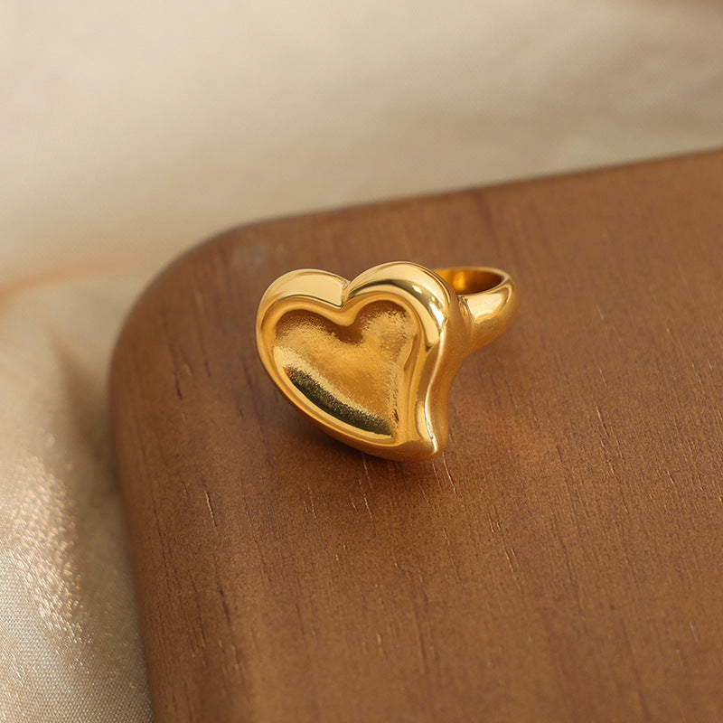 Women's Puffy Heart Statement Ring – Titanium Steel, Adjustable Bold Design