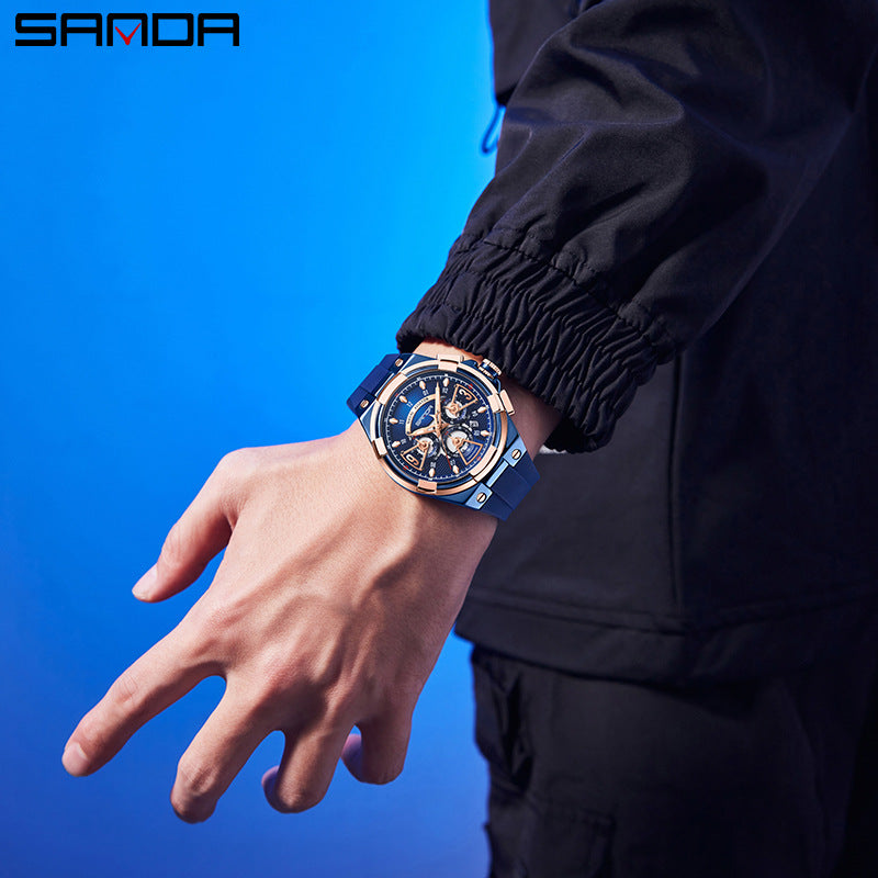 Sanda Men’s Silicone Quartz Watch – Hollow Three-Eye Chronograph, Waterproof Watch