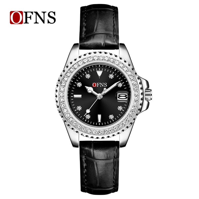 OFNS Women’s Luxury Quartz Watch – Diamond Inlaid Dial, Leather Strap, Waterproof