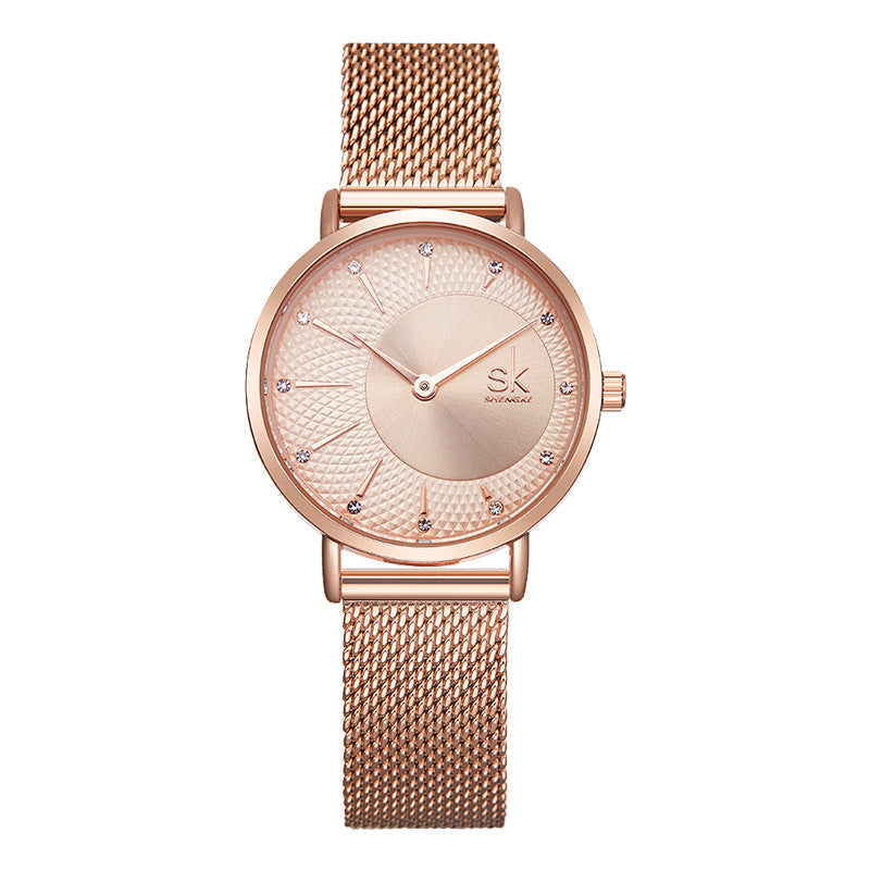 SK Women’s Quartz Watch – Diamond Dial Stainless Steel Mesh Fashion Timepiece