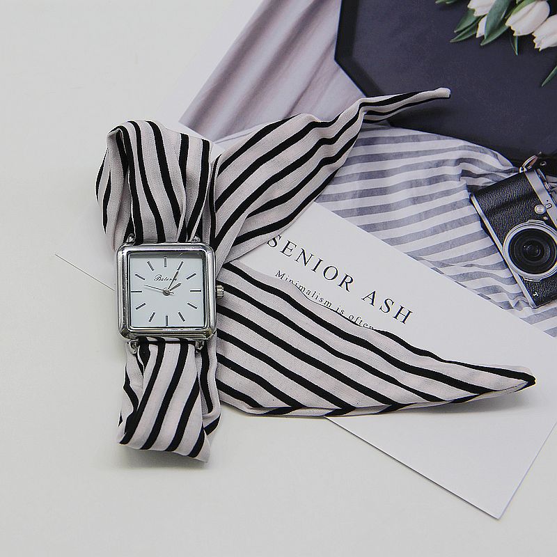 Women’s Square Quartz Watch with Striped Cloth Strap - World Time, Minimalist Fashion