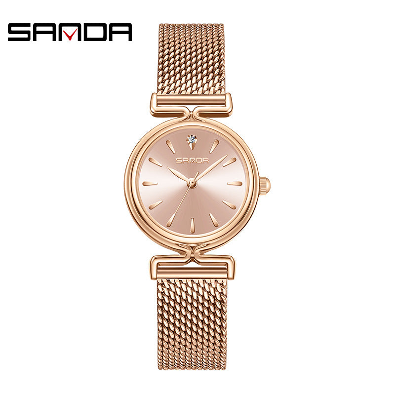 Sanda Women’s Mesh Quartz Watch – Round Dial, Waterproof Stainless Steel Analog Watch