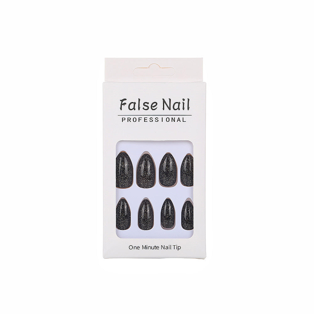 Black Glitter Press-On Nails – Medium Almond Shape, Reusable Acrylic Nail Set