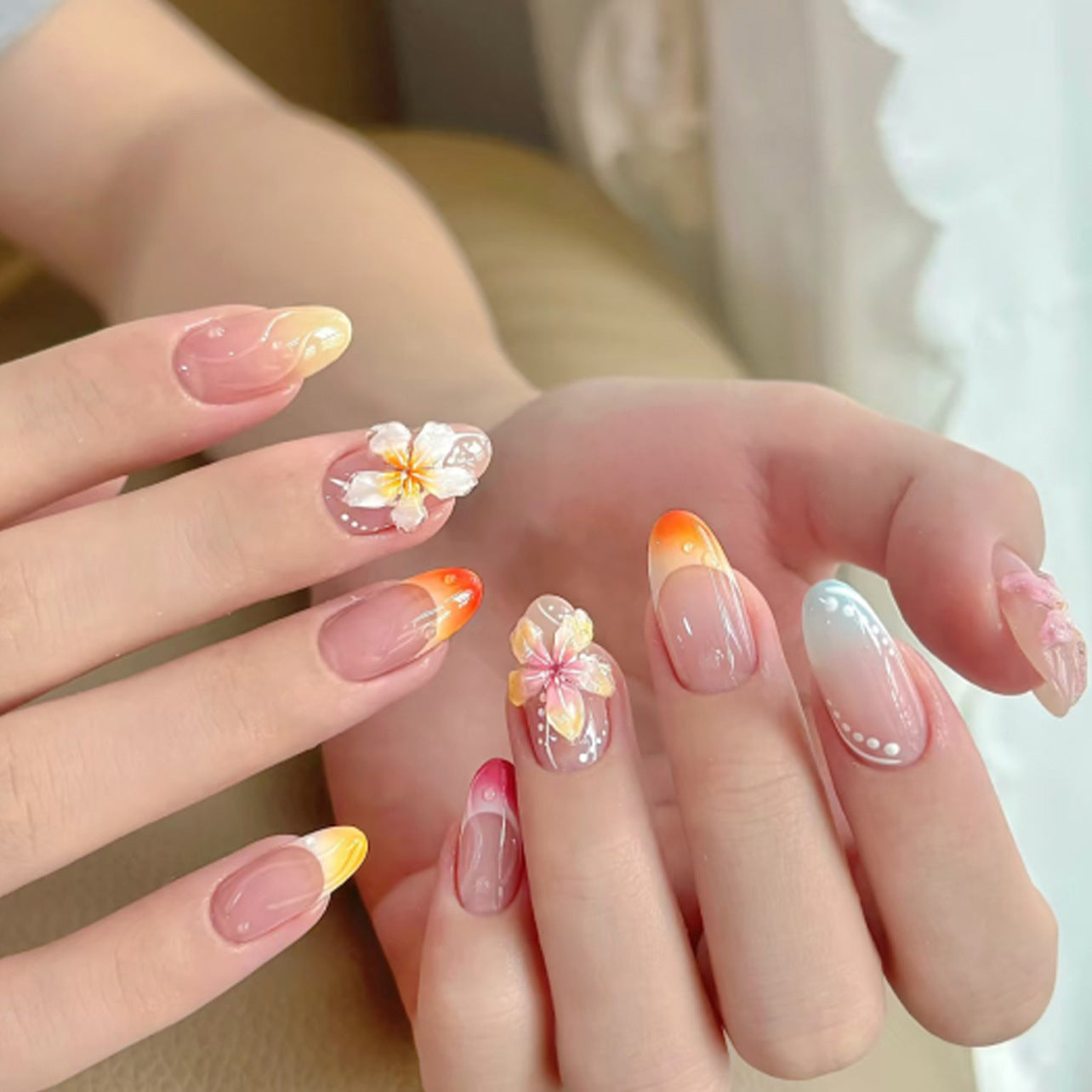 Tropical Floral 3D Press-On Nails – Oval Ombre Acrylic with Flowers & Swirl Design