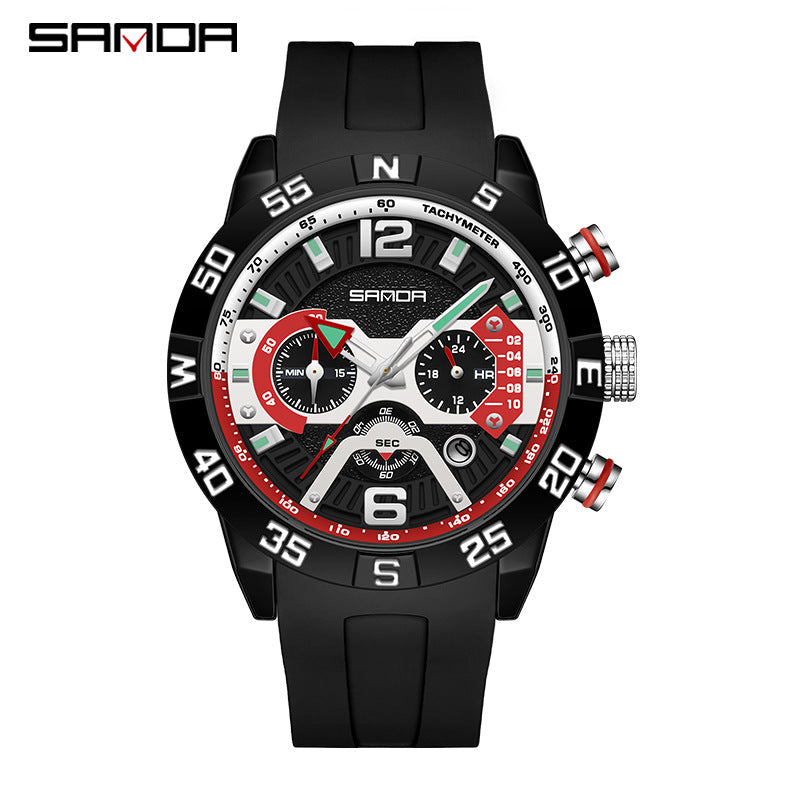 SANDA Men’s Silicone Quartz Watch – Three-Eye Six-Needle Waterproof Fashion Timepiece