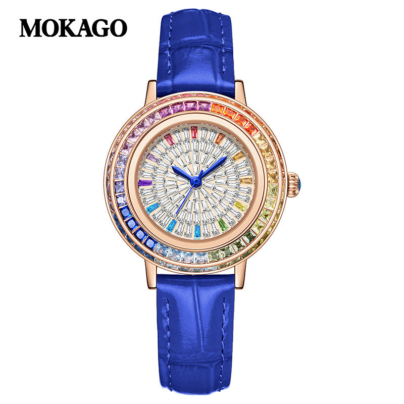 MOKAGO Women’s Quartz Watch with Crystal & Diamond Inlay – Fashion Leather Strap