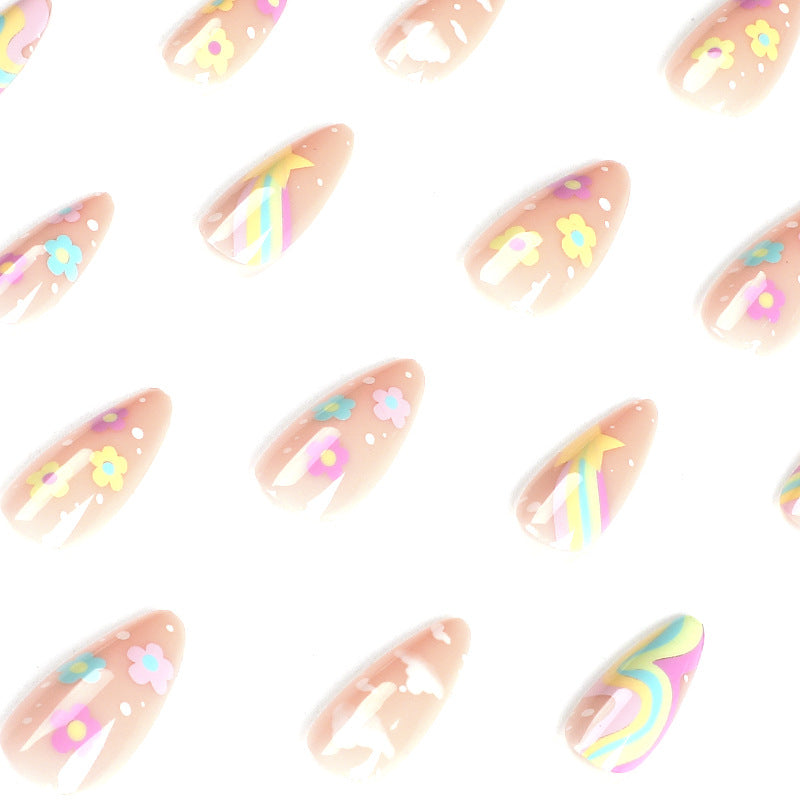 Whimsical Rainbow Press-On Nails – Pastel Almond Glue-On Set
