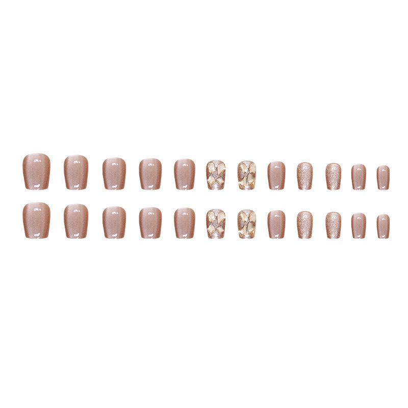Cat Eye Rhinestone False Nails – Short Ballet Style, Glue-On & Detachable Nail Set