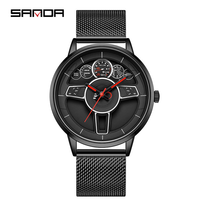 SANDA Steering Wheel Men’s Quartz Watch – Mesh Strap Waterproof Business Wristwatch