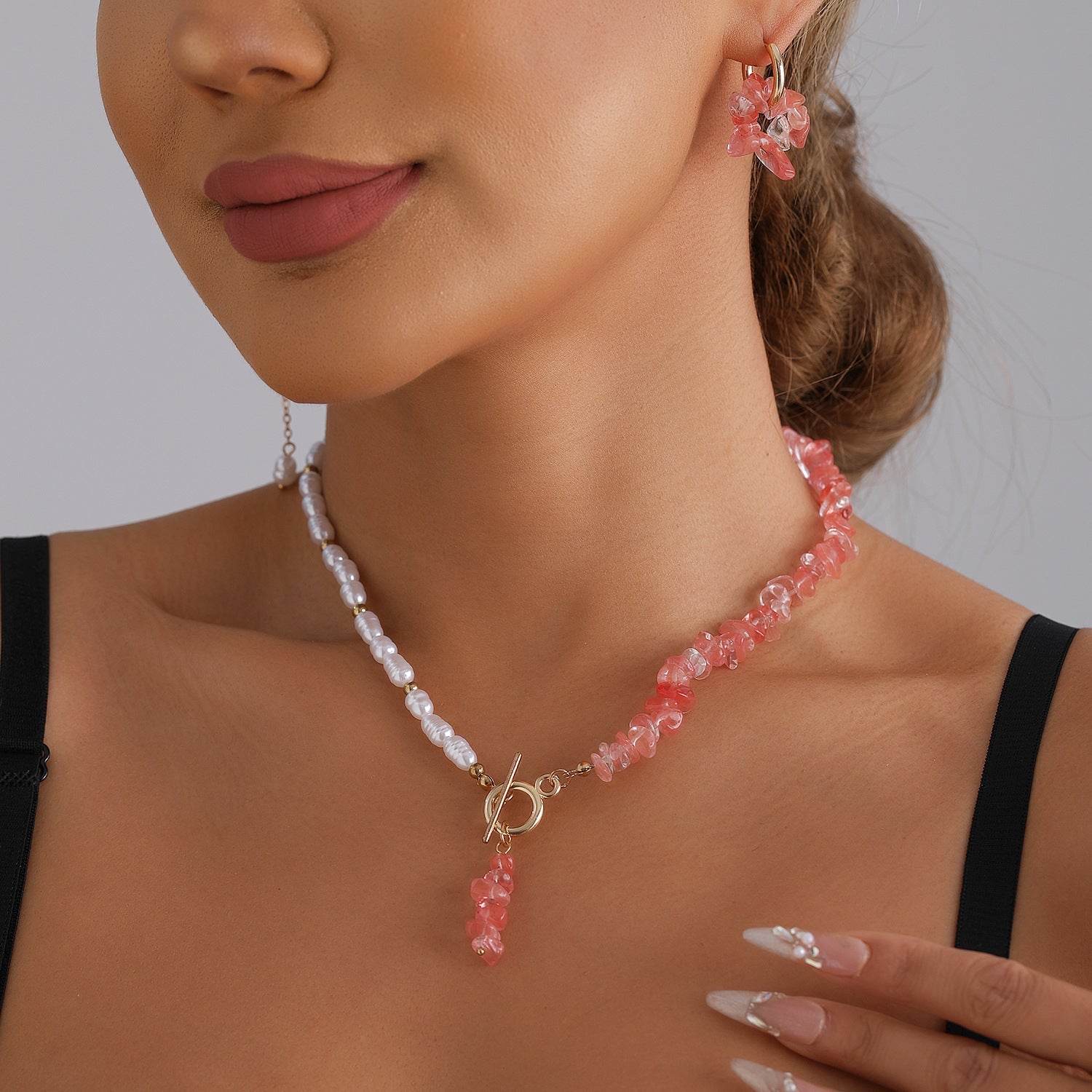 Rose Crystal Necklace Set – Elegant Pink Gemstone Clavicle Chain With Earrings for Women