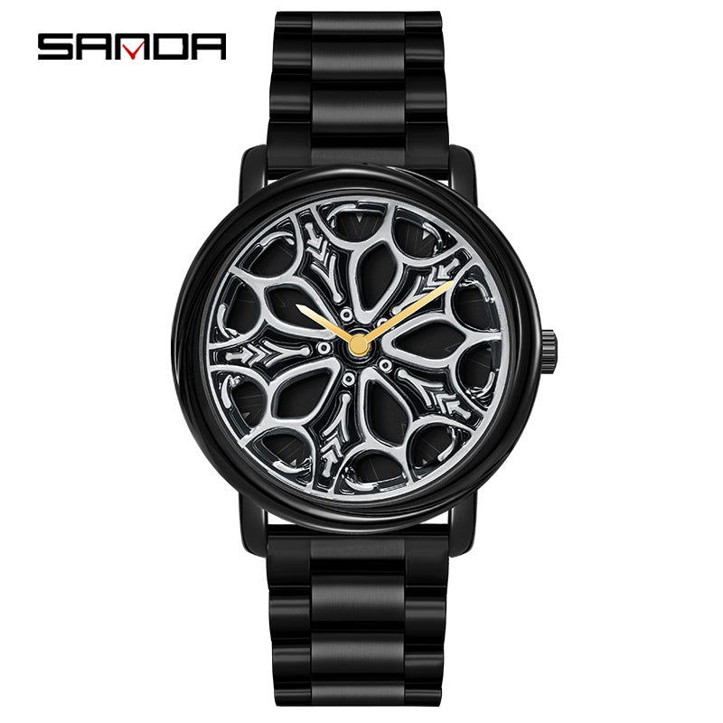 Sanda Men’s Quartz Watch – Rotating Dial, Stainless Steel Strap, Waterproof Timepiece