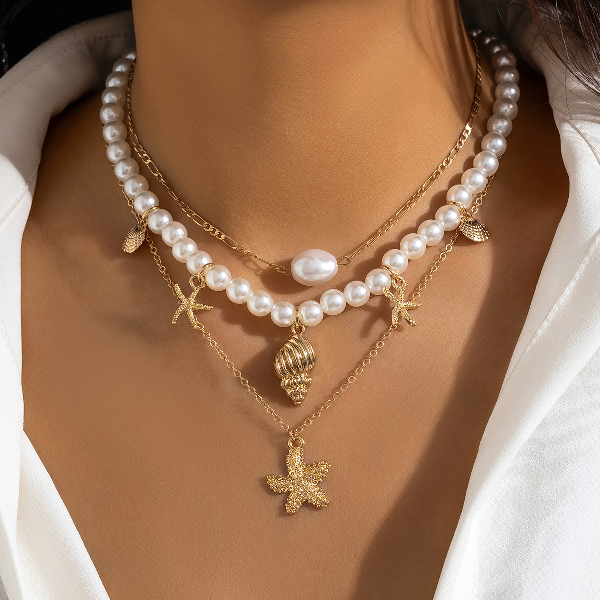 Layered Pearl Sea Pendant Necklace for Women – Fashionable Alloy Jewelry