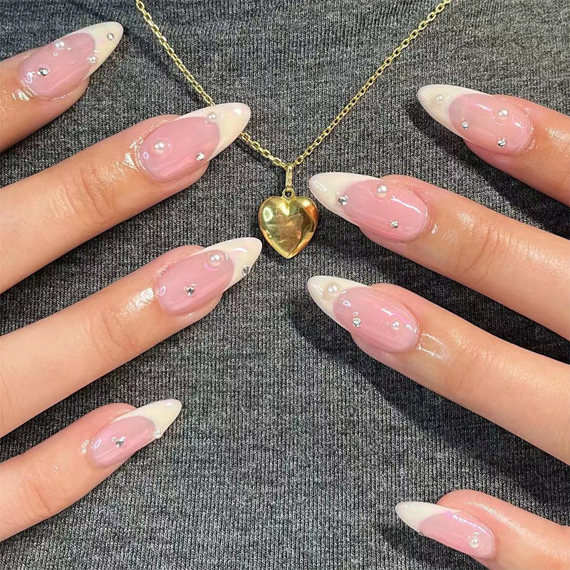 French Tip Rhinestone Press-On Nails – Medium Almond, 3D Gel Pearl Design