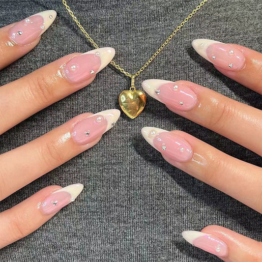 French Tip Rhinestone Press-On Nails – Medium Almond, 3D Gel Pearl Design