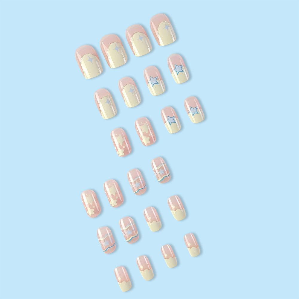 Starry Sky Press-On Nails – Pastel Cloud & Star Square Acrylic Nail Tips