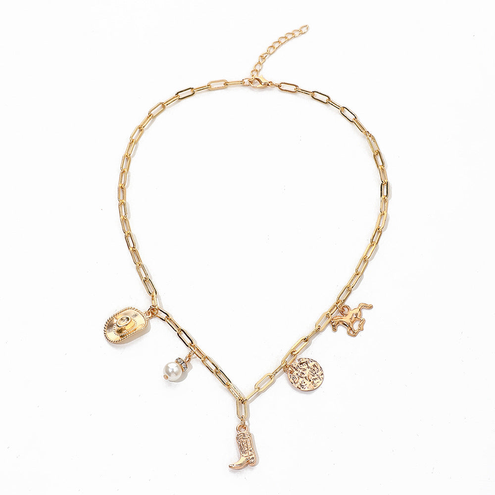 Retro Cowboy Hat & Boots Pendant Necklace – Western Style Pearl Chain for Women