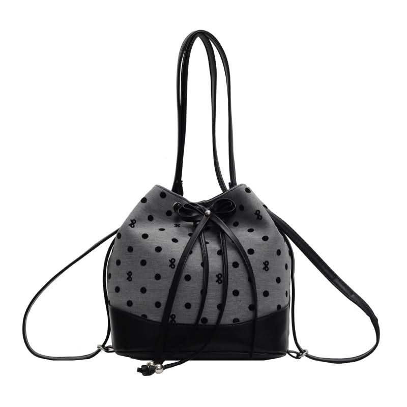Women’s Canvas Polka Dot Bucket Bag – Drawstring Backpack Bag
