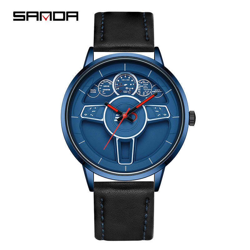 SANDA Steering Wheel Men’s Quartz Watch – Leather Strap Waterproof Business Wristwatch