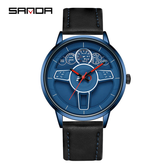 SANDA Steering Wheel Men’s Quartz Watch – Leather Strap Waterproof Business Wristwatch