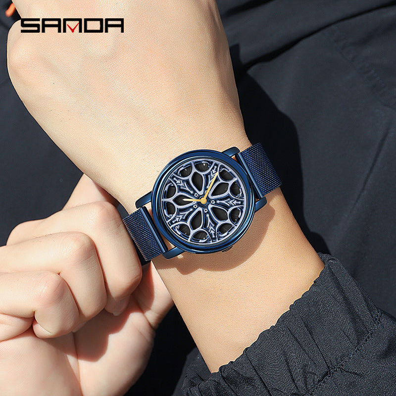 Sanda Men’s Quartz Watch – Rotating Dial, Mesh Stainless Steel Strap, Casual Timepiece