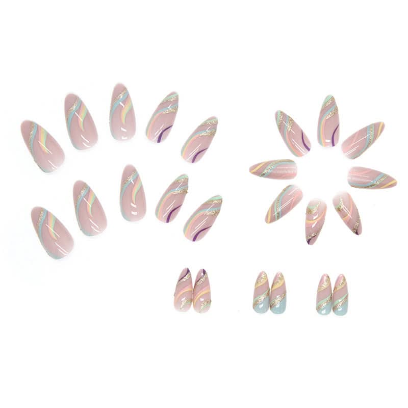 Multi-Color Ripple Shiny Gold Powder False Nails – 24-Piece Set