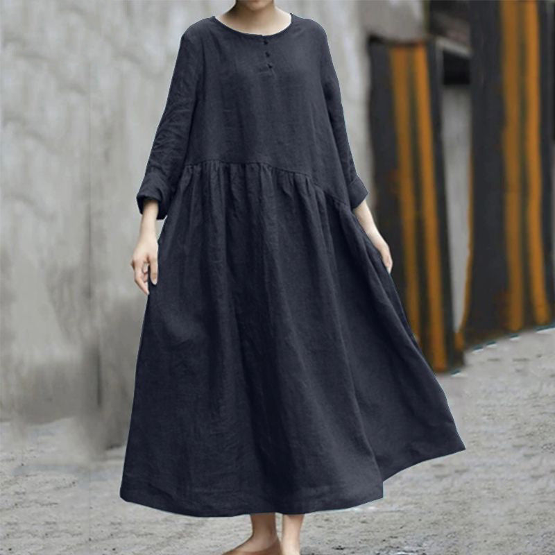 Women’s Cotton Linen Long Sleeve A-Line Dress – Irregular Splicing, Round Neck