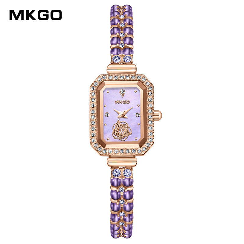 MOKAGO Luxury Amethyst Women’s Watch – Mother of Pearl Dial with Pearl Bracelet