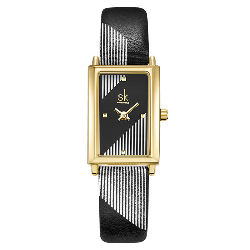 SK Women’s Quartz Watch – Creative Rectangle Dial, Leather Strap, Waterproof Wristwatch