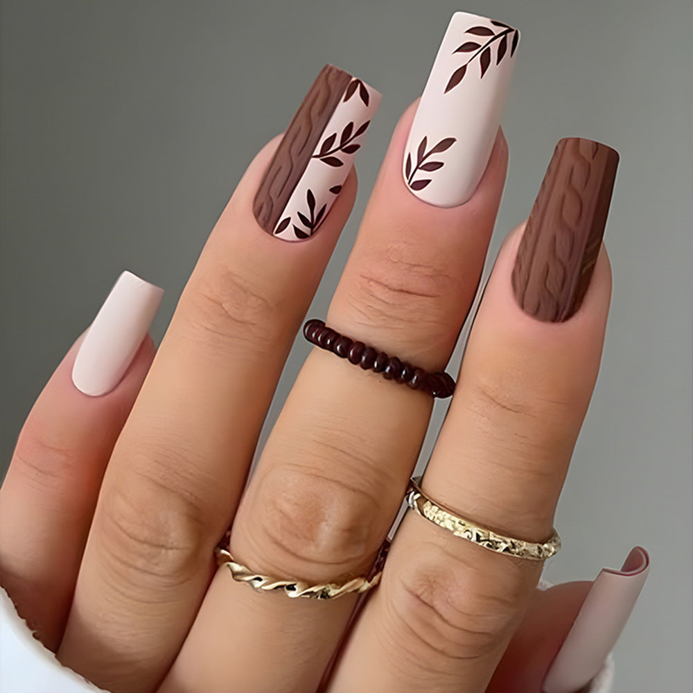 Leaf Press-On Nails – Long Square Matte Acrylic Nail Tips, Earthy Textured Glue-On Set