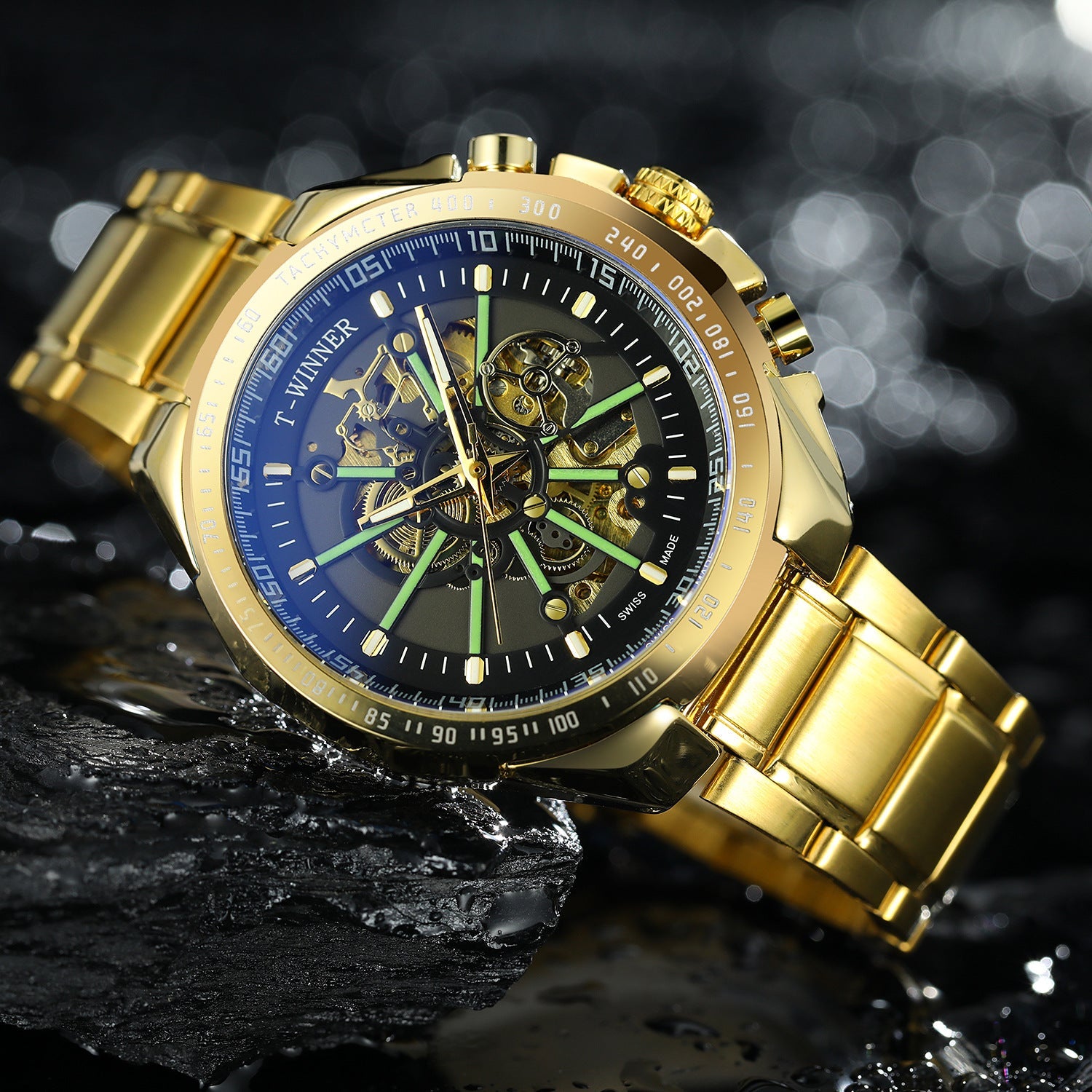 T-Winner Men’s Skeleton Automatic Mechanical Watch – Luminous Dial, Stainless Steel Strap