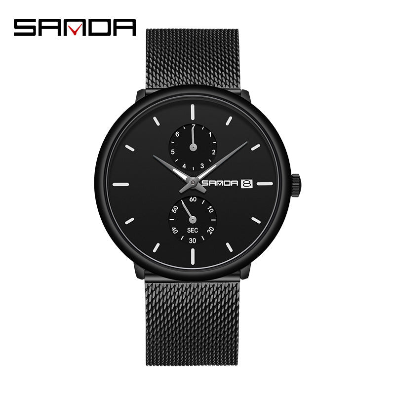Sanda Men’s Classic Mesh Quartz Watch – Waterproof Luminous Calendar Wristwatch
