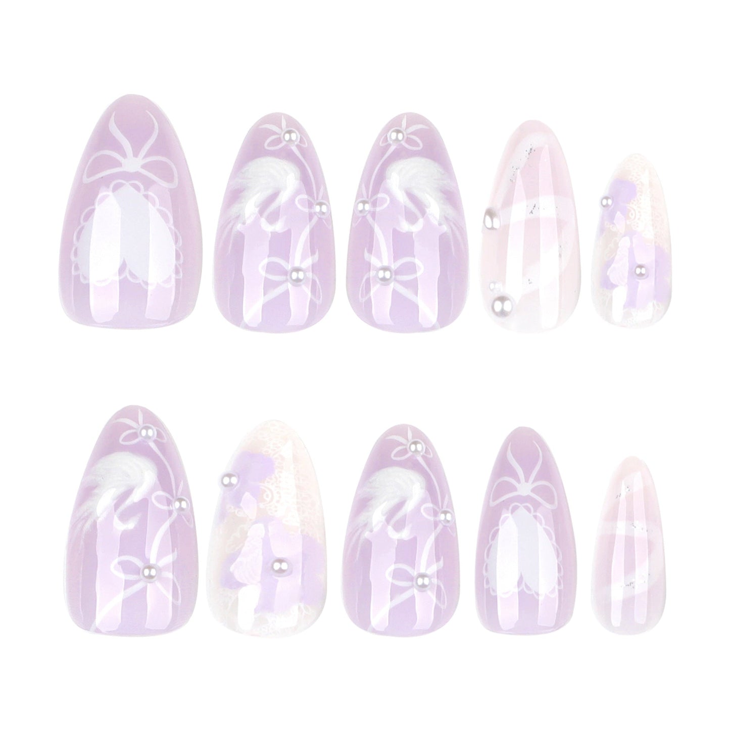 Luxury 3D Swan Almond Press-On Nails – Medium Glue-On with Pearls & Bows