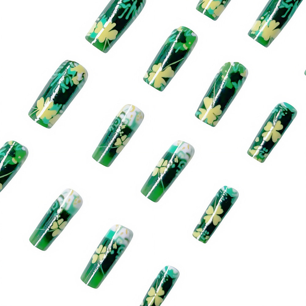 Elegant Floral Glitter Square Press-On Nails – Long Green & Gold Acrylic False Nails