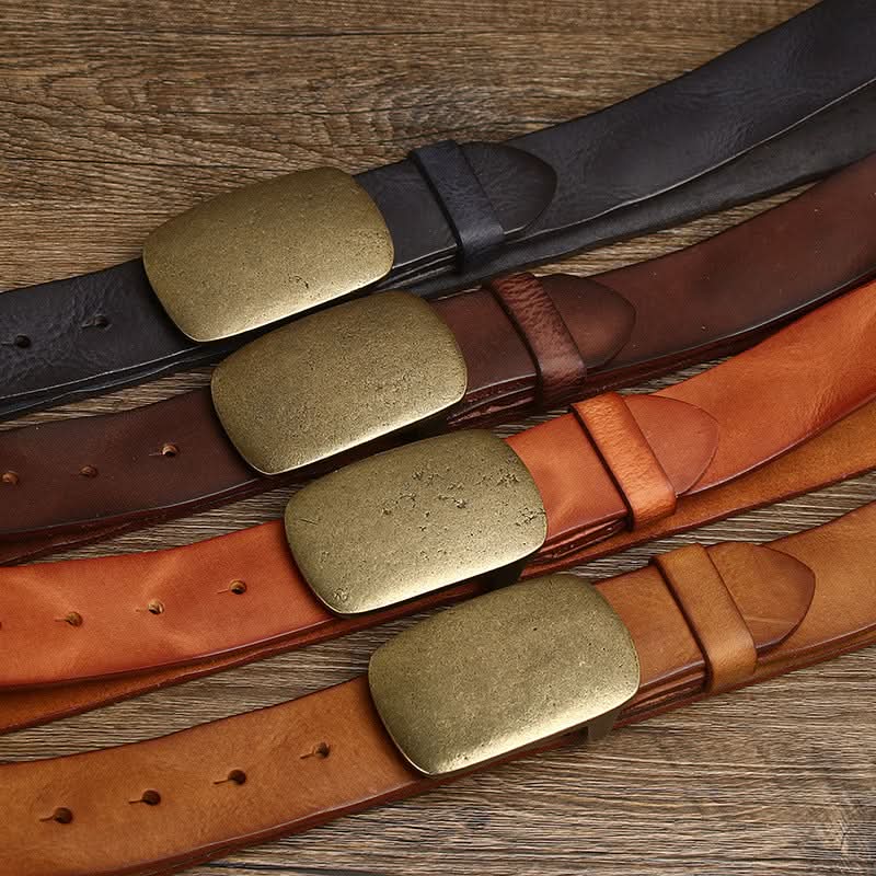 Men’s Retro Leather Belt – Vintage Smooth Copper Buckle