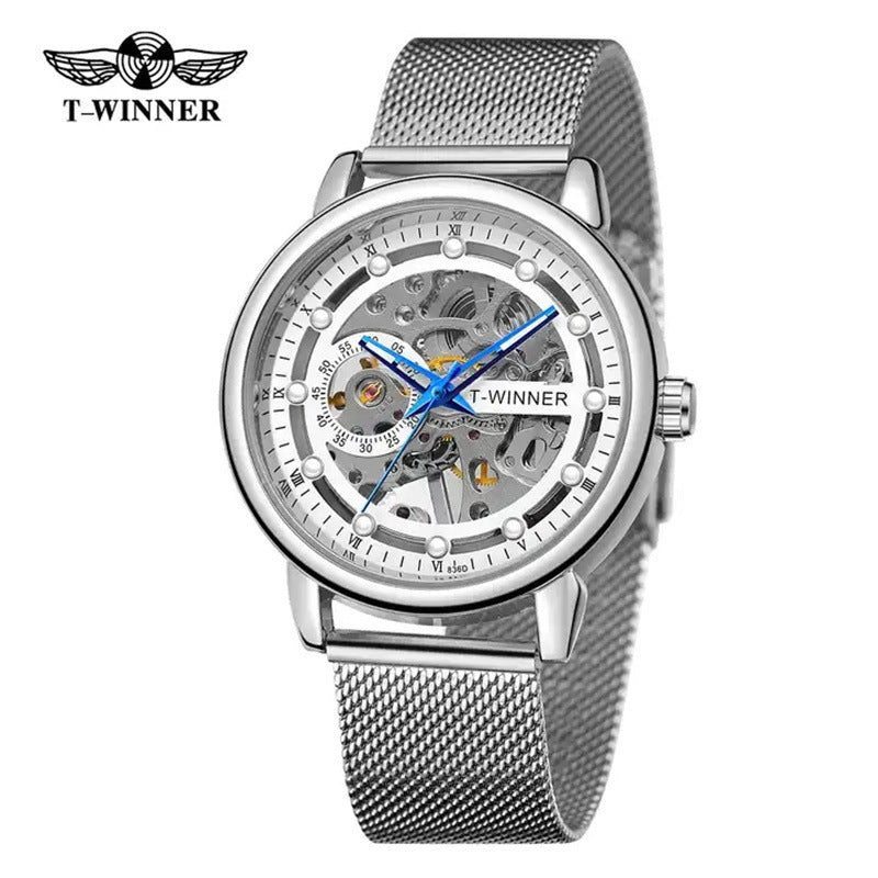 T-Winner Men’s Hollow Mechanical Watch – Mesh Strap, 30M Waterproof, Fashion Casual
